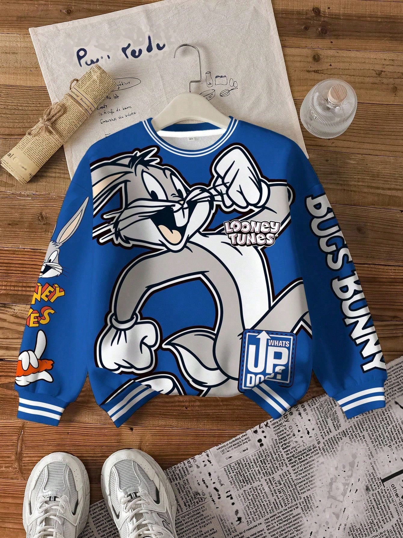 LOONEY TUNES X Tween Boy Casual Fashion Street Cute Cartoon Rabbit & Letter Print Dropped Shoulder Loose Contrast Striped Trim Fleece Sweatshirt, Autumn/Winter Y2k Sweat Shirts Kids Kids Sweatsh