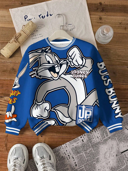 LOONEY TUNES X Tween Boy Casual Fashion Street Cute Cartoon Rabbit & Letter Print Dropped Shoulder Loose Contrast Striped Trim Fleece Sweatshirt, Autumn/Winter Y2k Sweat Shirts Kids Kids Sweatsh