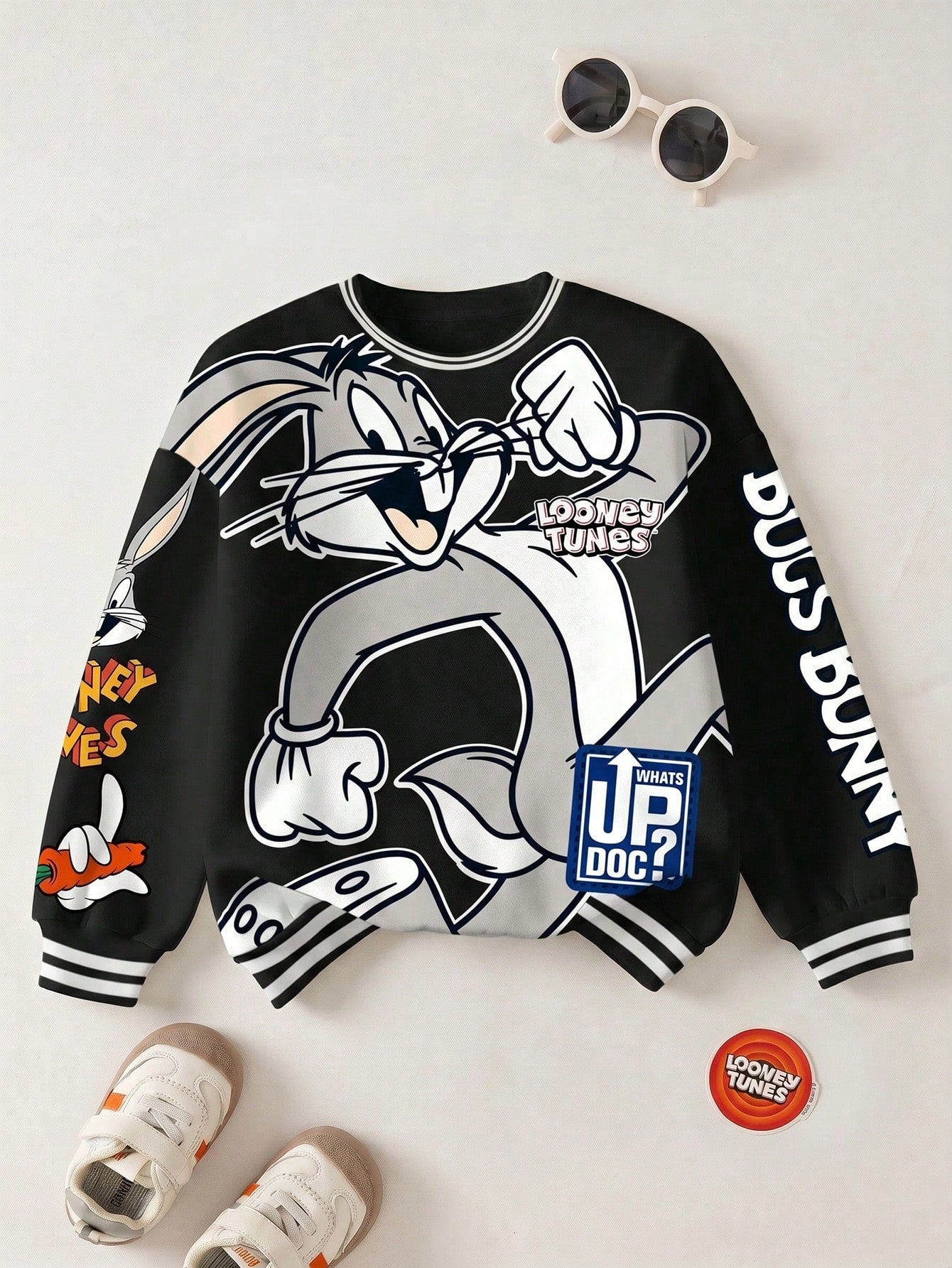 LOONEY TUNES X Tween Boy Casual Fashion Street Cute Cartoon Rabbit & Letter Print Dropped Shoulder Loose Contrast Striped Trim Fleece Sweatshirt, Autumn/Winter Y2k Sweat Shirts Kids Kids Sweatsh