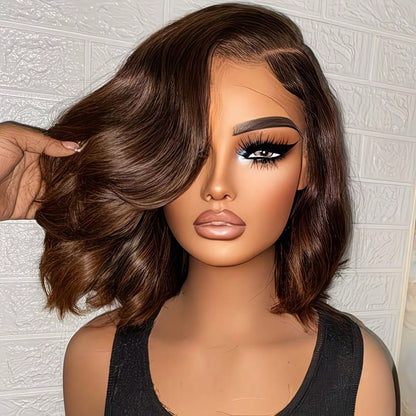 Loose Body Wave Short Bob Wig 13x4 Lace Front Wigs Human Hair 200% Density HD Lace Front Wigs Human Hair Pre Plucked Glueless Wig Virgin Human Hair Wigs For Women #4 Chocolate Brown Colored Bob Wigs