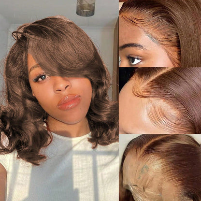 Loose Body Wave Short Bob Wig 13x4 Lace Front Wigs Human Hair 200% Density HD Lace Front Wigs Human Hair Pre Plucked Glueless Wig Virgin Human Hair Wigs For Women #4 Chocolate Brown Colored Bob Wigs