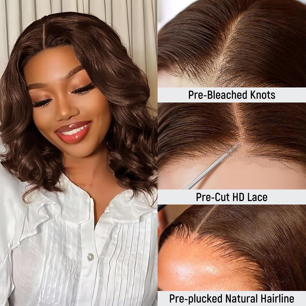 Loose Body Wave Short Bob Wig 13x4 Lace Front Wigs Human Hair 200% Density HD Lace Front Wigs Human Hair Pre Plucked Glueless Wig Virgin Human Hair Wigs For Women #4 Chocolate Brown Colored Bob Wigs