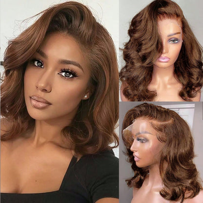 Loose Body Wave Short Bob Wig 13x4 Lace Front Wigs Human Hair 200% Density HD Lace Front Wigs Human Hair Pre Plucked Glueless Wig Virgin Human Hair Wigs For Women #4 Chocolate Brown Colored Bob Wigs