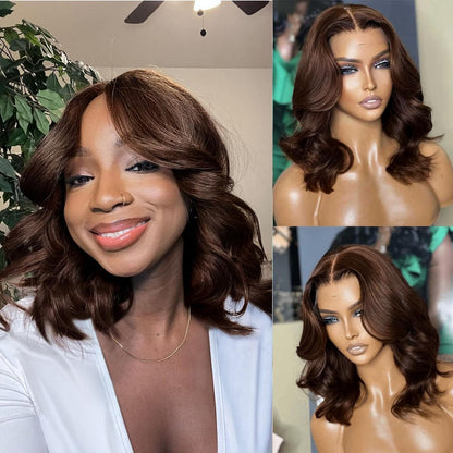Loose Body Wave Short Bob Wig 13x4 Lace Front Wigs Human Hair 200% Density HD Lace Front Wigs Human Hair Pre Plucked Glueless Wig Virgin Human Hair Wigs For Women #4 Chocolate Brown Colored Bob Wigs