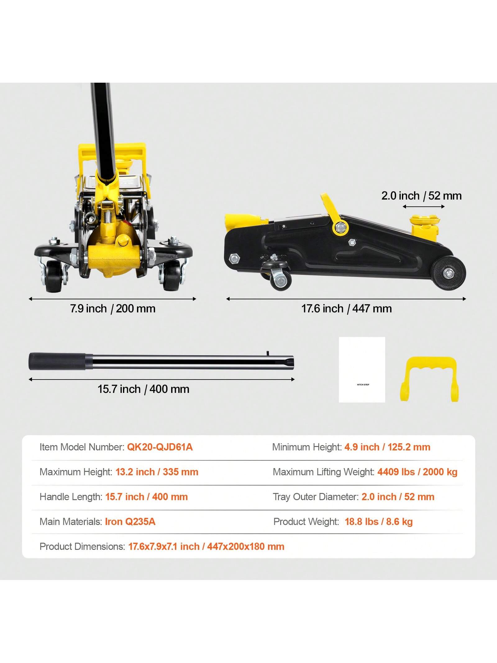 Low Profile Floor Jack, Heavy Duty Aluminum Hydraulic Racing Floor Jack, Hydraulic Car Jack, Single Dual Piston Quick Lift Pump, Height Lifting Range (Yellow)
