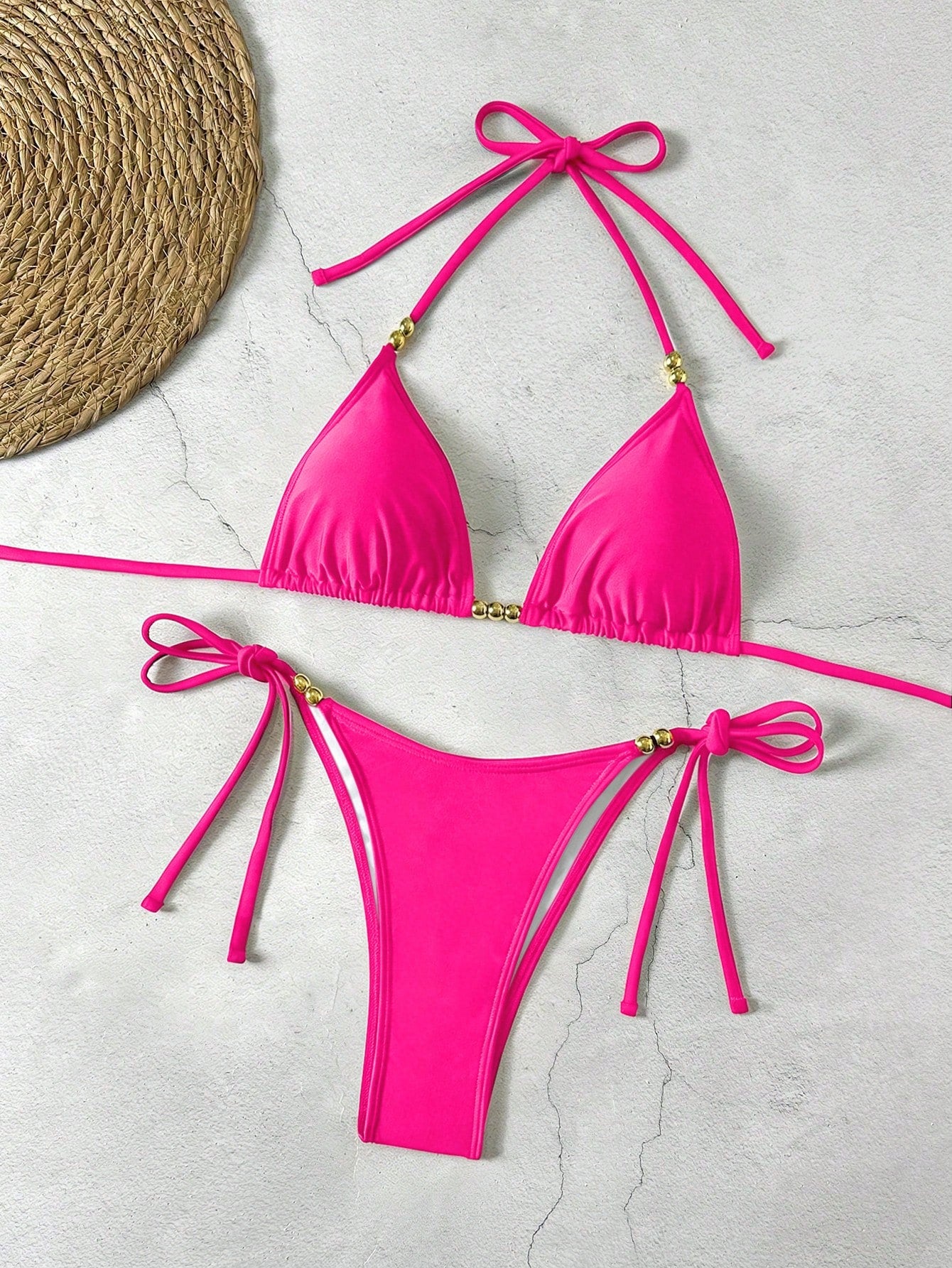 Lucky Girl Summer New Women's Black Beaded Tie Two Pieces Swimwear Set, Beach Holiday Vacation