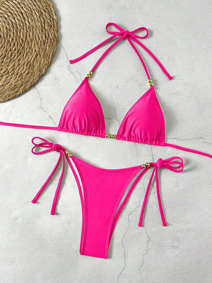 Lucky Girl Summer New Women's Black Beaded Tie Two Pieces Swimwear Set, Beach Holiday Vacation