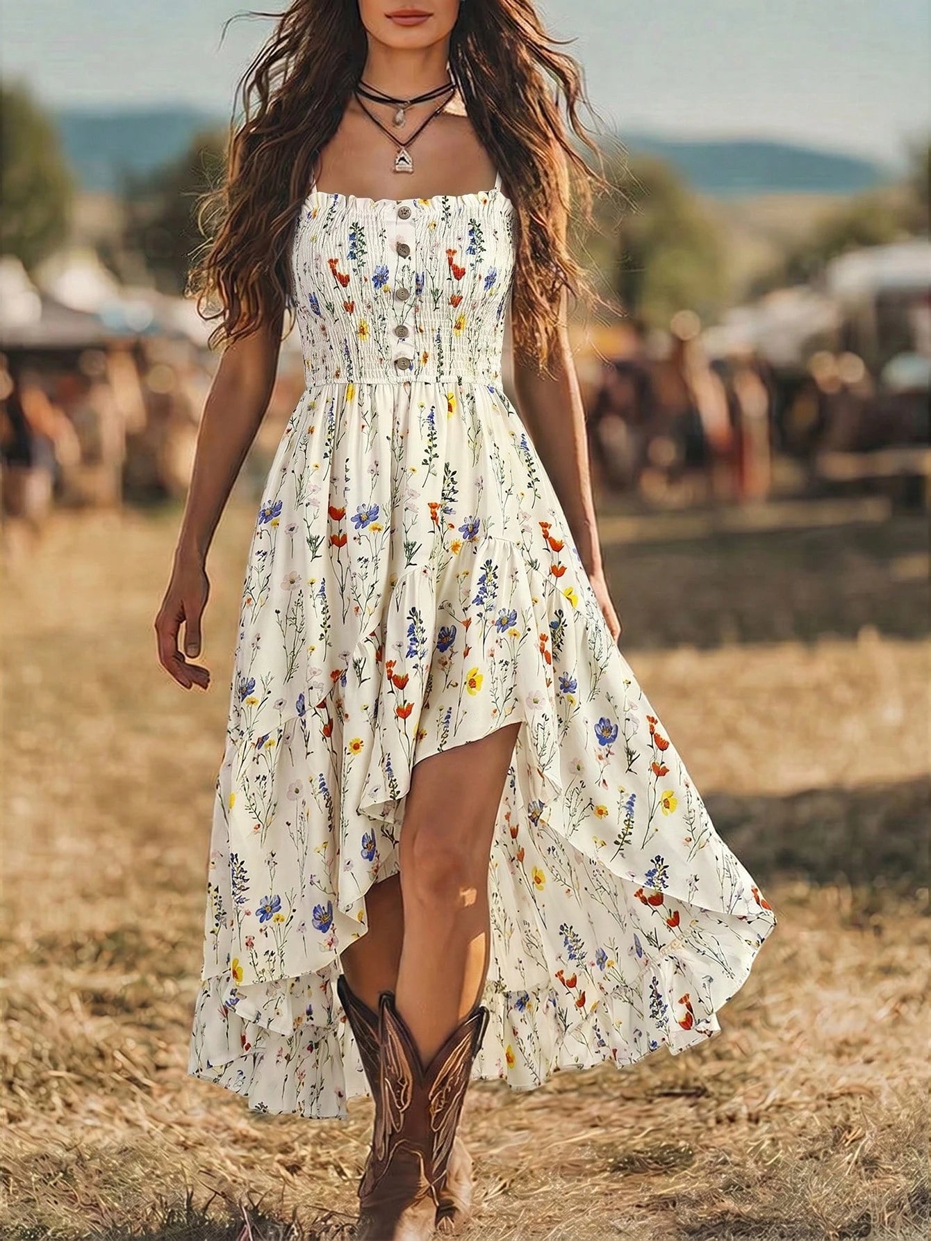 LUNE Bohemian Floral Print Casual Vacation Front Short Back Long Cinched Waist Midi Dress For Women
