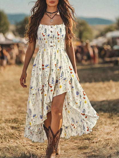 LUNE Bohemian Floral Print Casual Vacation Front Short Back Long Cinched Waist Midi Dress For Women
