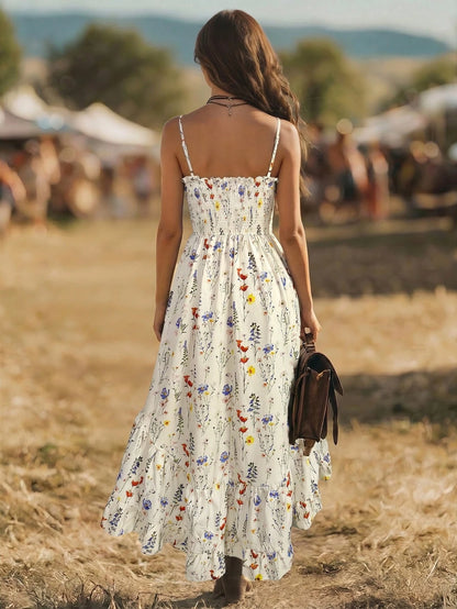 LUNE Bohemian Floral Print Casual Vacation Front Short Back Long Cinched Waist Midi Dress For Women