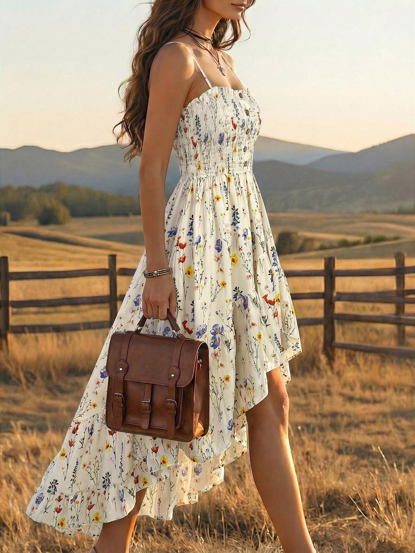 LUNE Bohemian Floral Print Casual Vacation Front Short Back Long Cinched Waist Midi Dress For Women