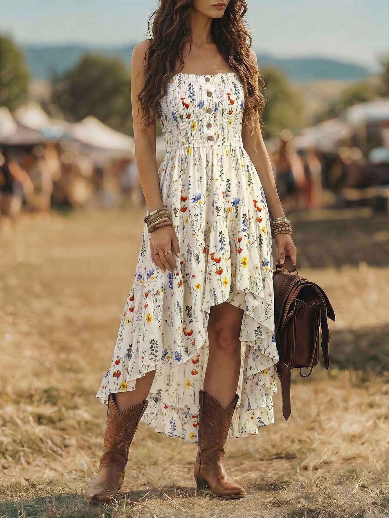 LUNE Bohemian Floral Print Casual Vacation Front Short Back Long Cinched Waist Midi Dress For Women
