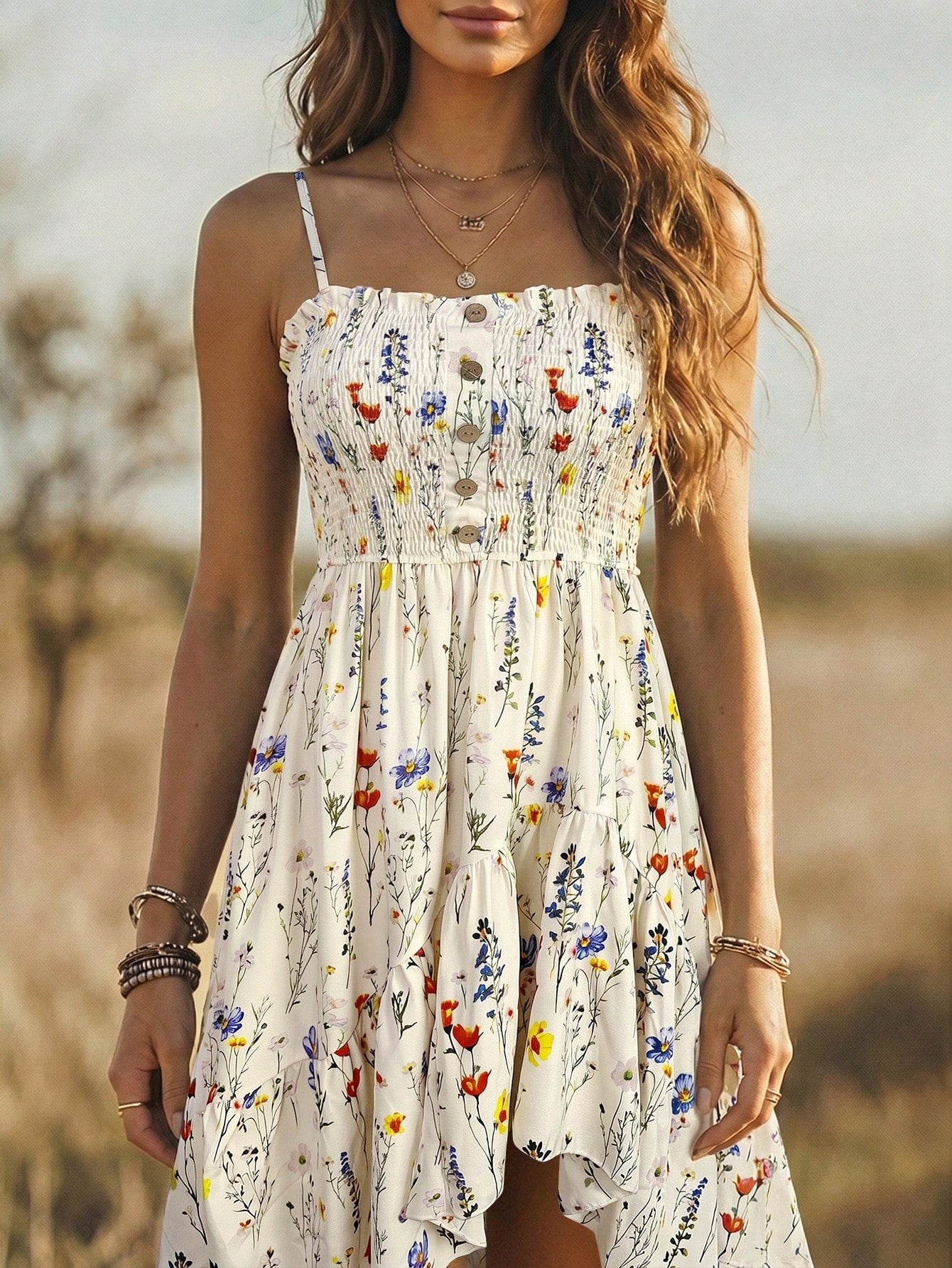 LUNE Bohemian Floral Print Casual Vacation Front Short Back Long Cinched Waist Midi Dress For Women