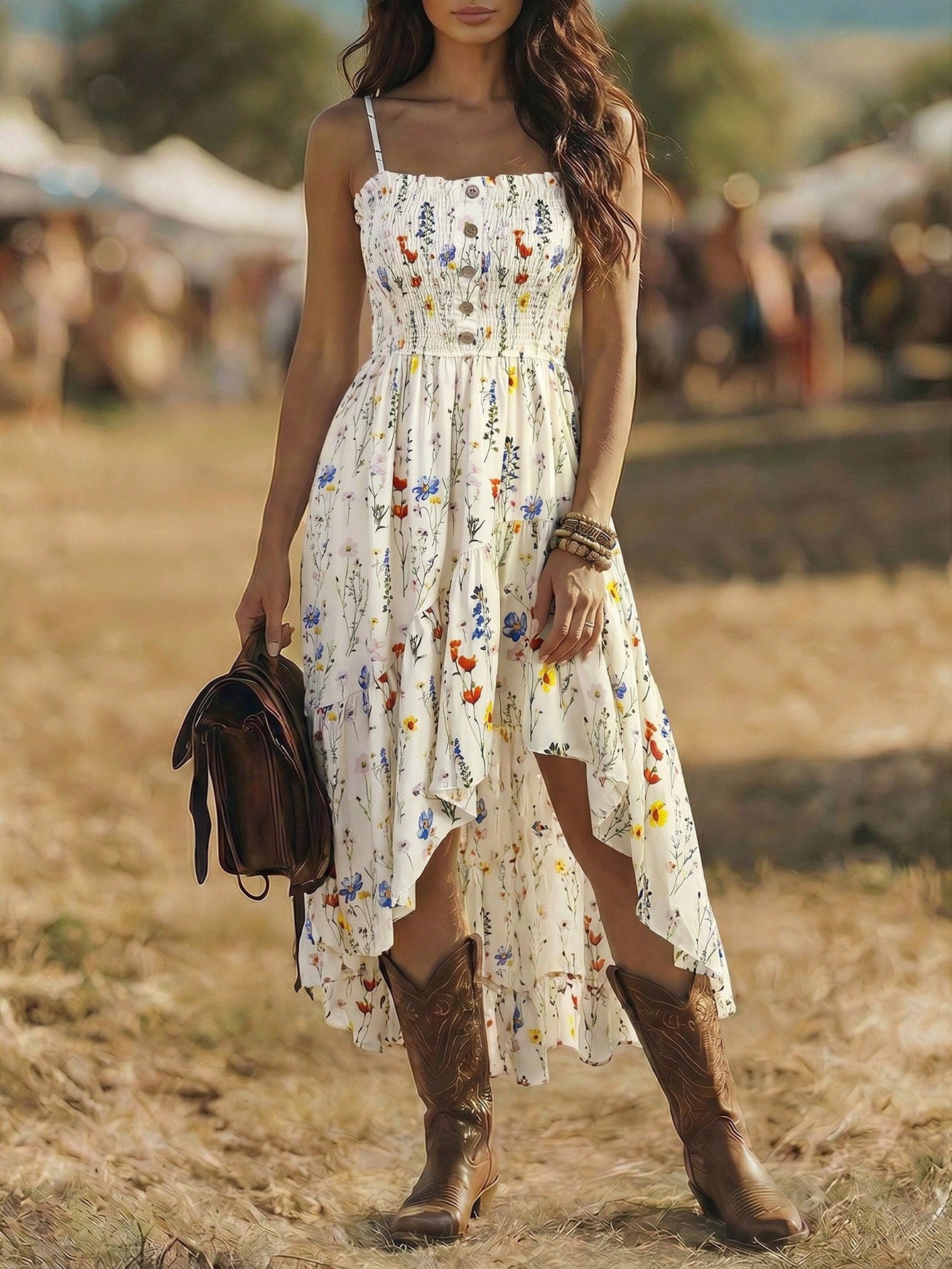 LUNE Bohemian Floral Print Casual Vacation Front Short Back Long Cinched Waist Midi Dress For Women