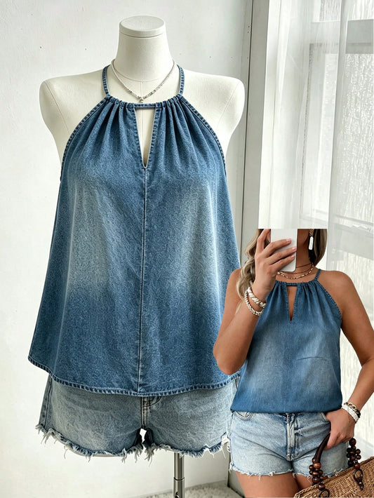 LUNE CURVE Women's Plus Size New Fashion Faux Denim Spaghetti Strap Casual Loose Slimming Hip-Covering Sexy Shoulder Strap Camisole