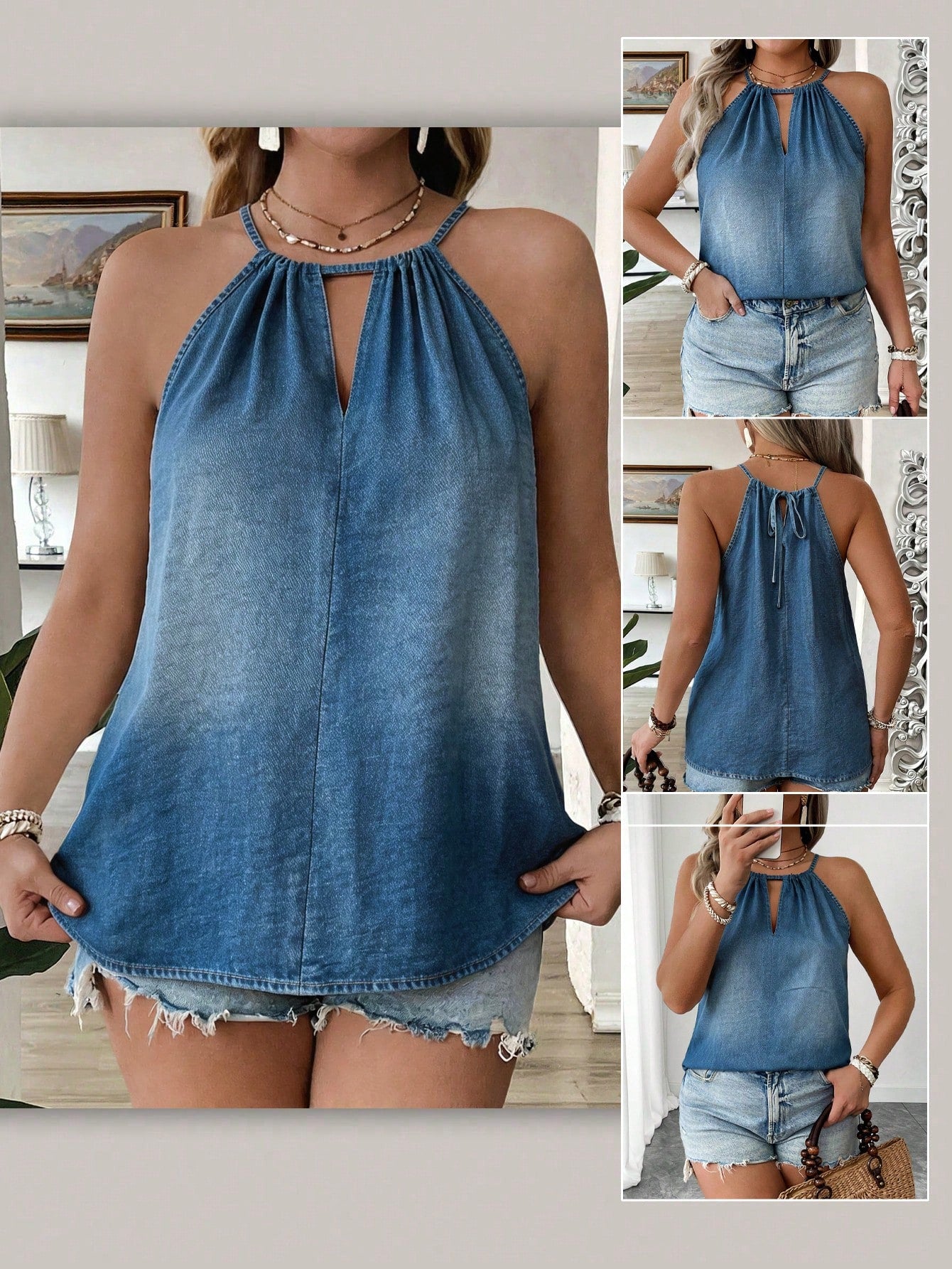LUNE CURVE Women's Plus Size New Fashion Faux Denim Spaghetti Strap Casual Loose Slimming Hip-Covering Sexy Shoulder Strap Camisole
