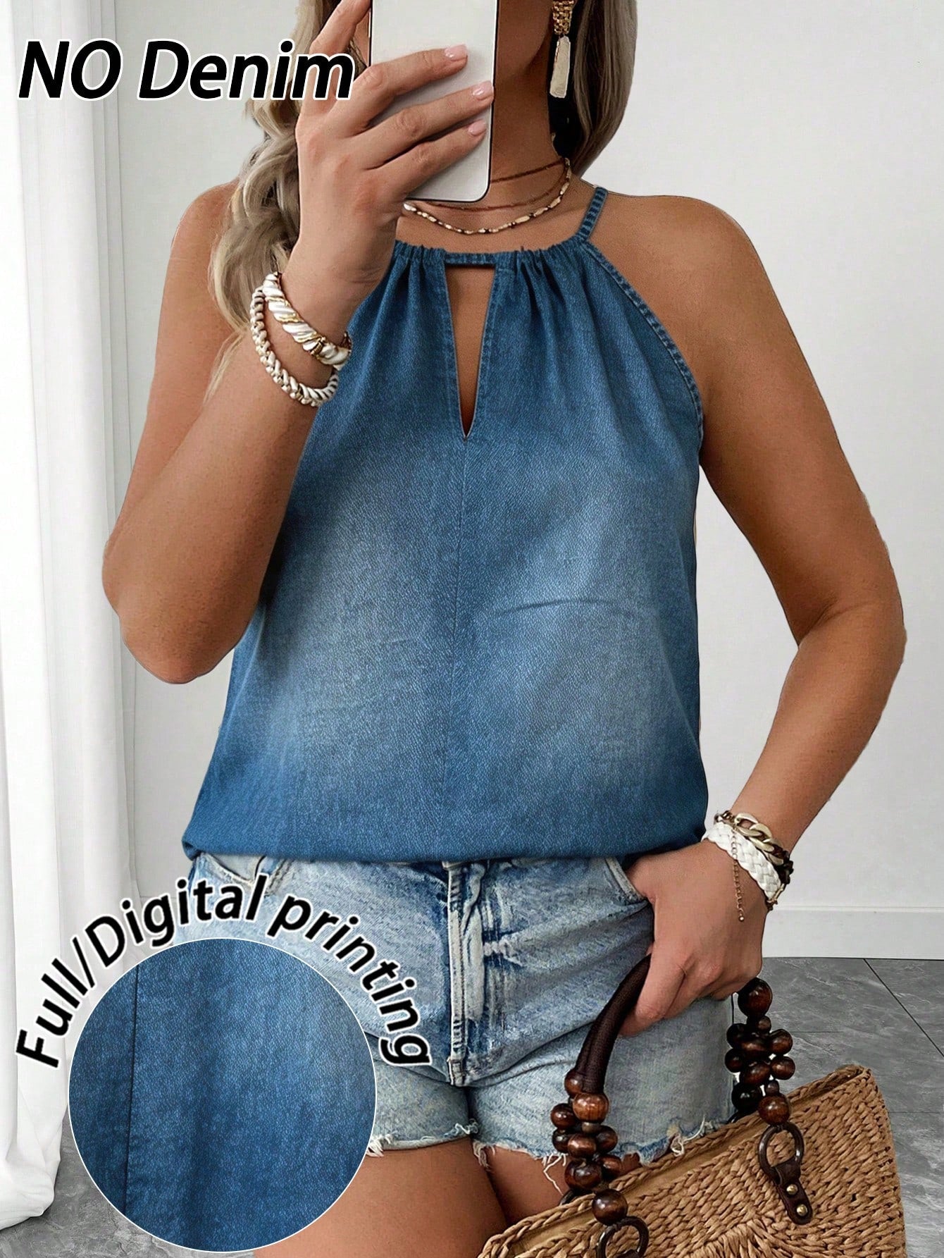 LUNE CURVE Women's Plus Size New Fashion Faux Denim Spaghetti Strap Casual Loose Slimming Hip-Covering Sexy Shoulder Strap Camisole