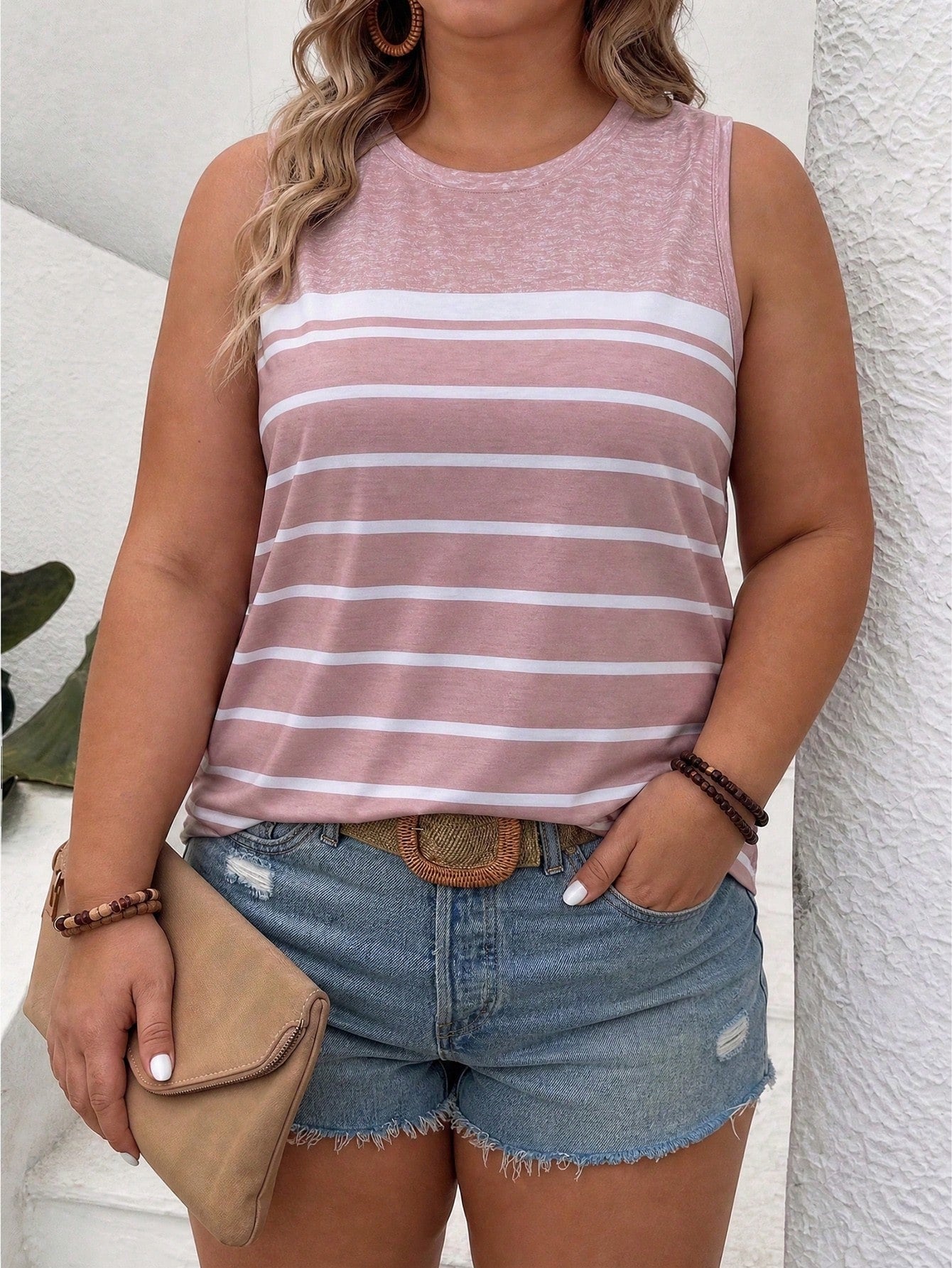 LUNE New Plus Size Women's Fashion Versatile Round Neck Colorblock Striped Print Tank Top