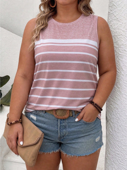 LUNE New Plus Size Women's Fashion Versatile Round Neck Colorblock Striped Print Tank Top