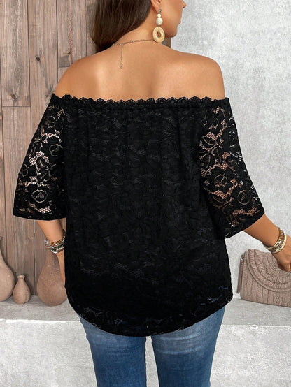 LUNE Plus Size Black Lace Off Shoulder Blouse Fall