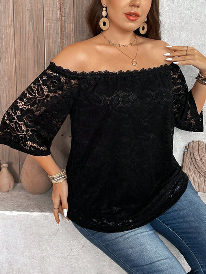 LUNE Plus Size Black Lace Off Shoulder Blouse Fall