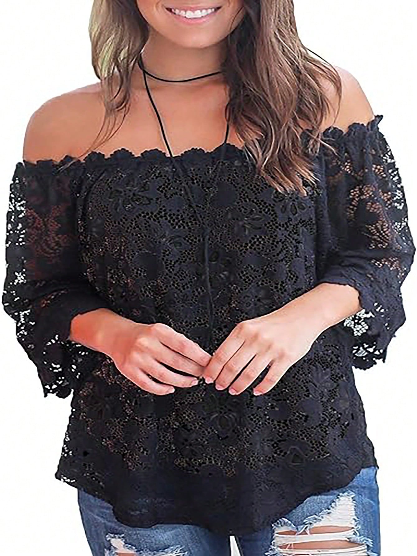 LUNE Plus Size Black Lace Off Shoulder Blouse Fall