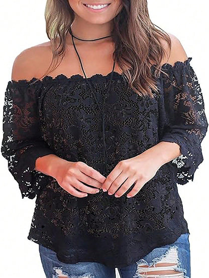 LUNE Plus Size Black Lace Off Shoulder Blouse Fall