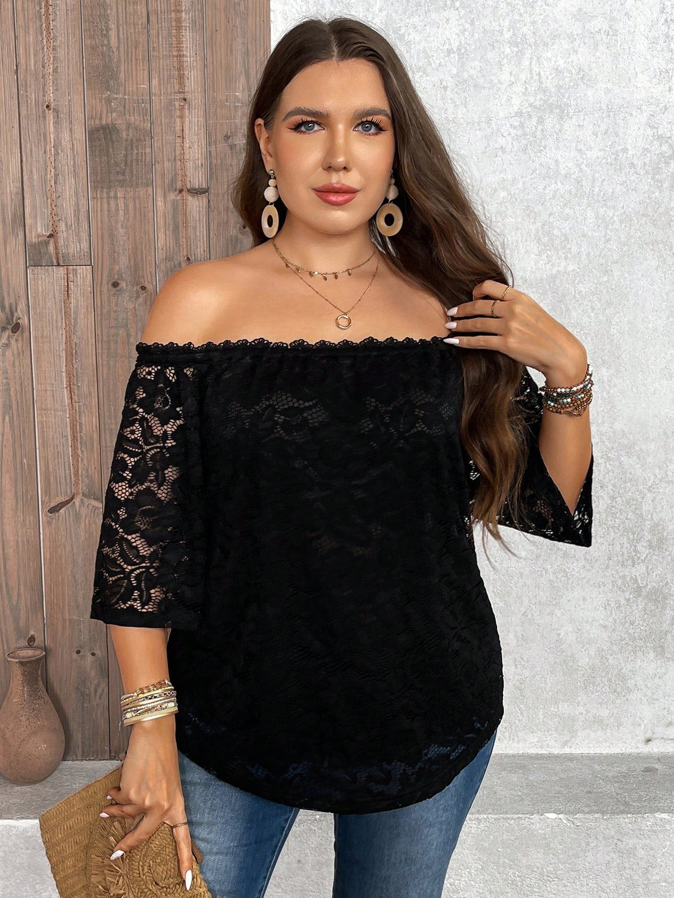 LUNE Plus Size Black Lace Off Shoulder Blouse Fall