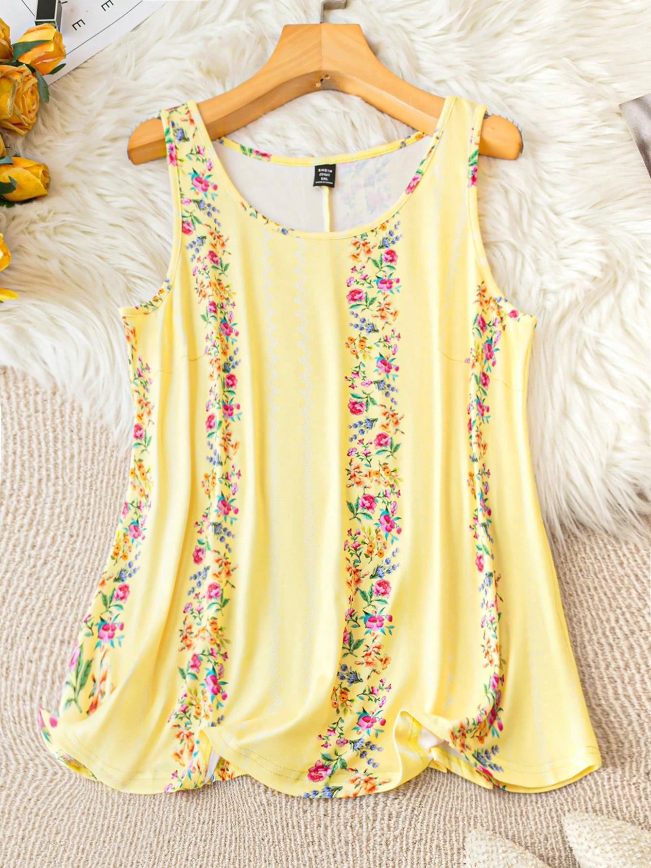 LUNE Plus Size Boho Flower Print Round Neck Summer Casual Tank Top Women Tops