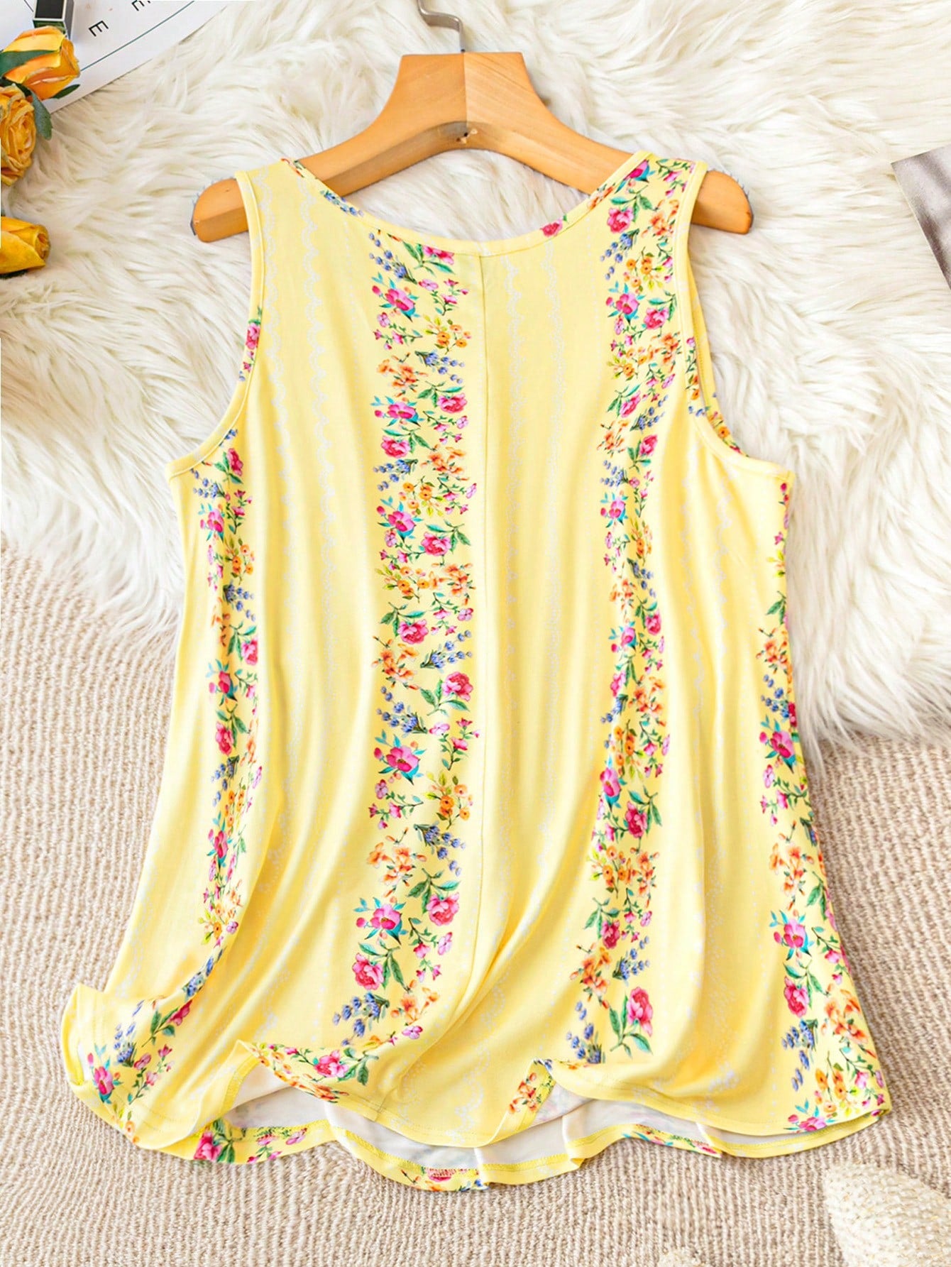 LUNE Plus Size Boho Flower Print Round Neck Summer Casual Tank Top Women Tops