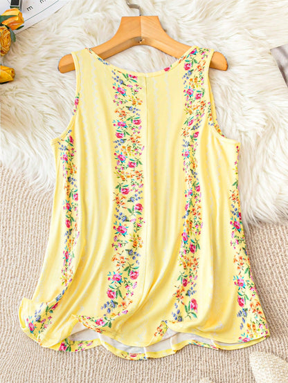 LUNE Plus Size Boho Flower Print Round Neck Summer Casual Tank Top Women Tops