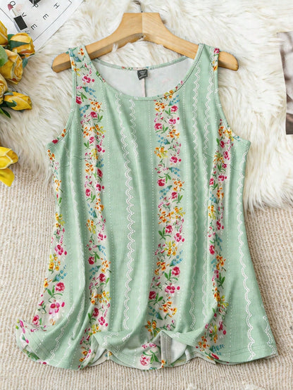 LUNE Plus Size Boho Flower Print Round Neck Summer Casual Tank Top Women Tops