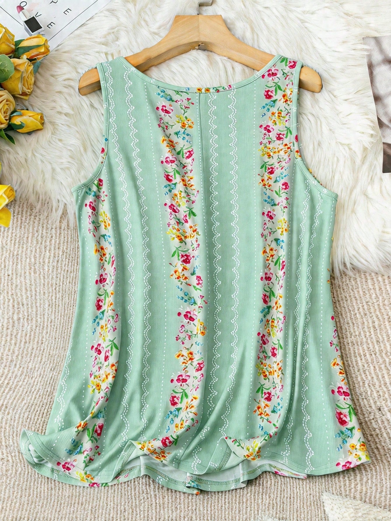 LUNE Plus Size Boho Flower Print Round Neck Summer Casual Tank Top Women Tops