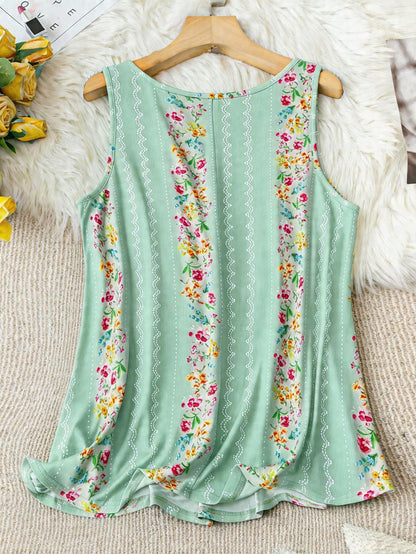 LUNE Plus Size Boho Flower Print Round Neck Summer Casual Tank Top Women Tops