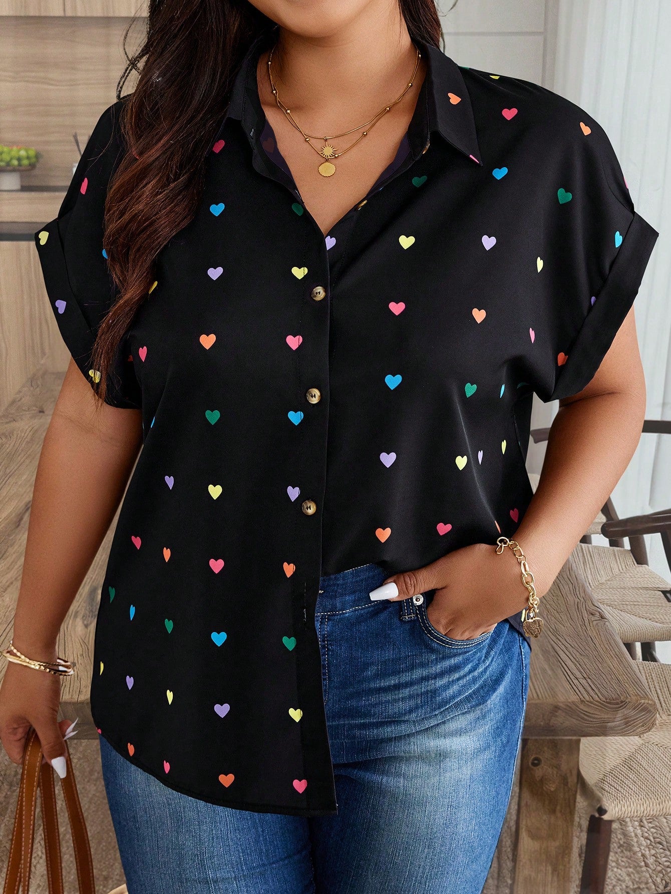 LUNE Plus Size Summer Casual Random Heart Print Button-Front Shirt,Valentine