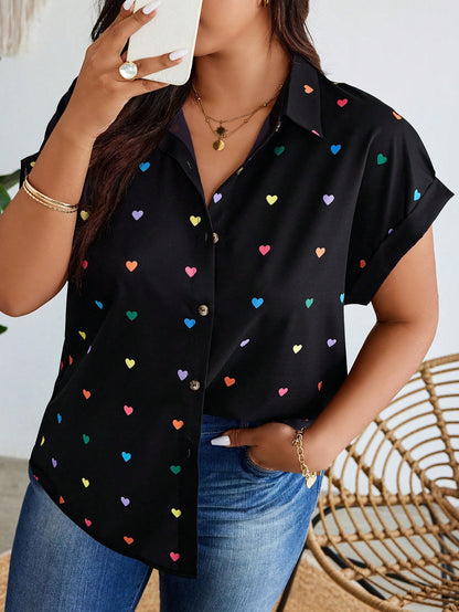 LUNE Plus Size Summer Casual Random Heart Print Button-Front Shirt,Valentine