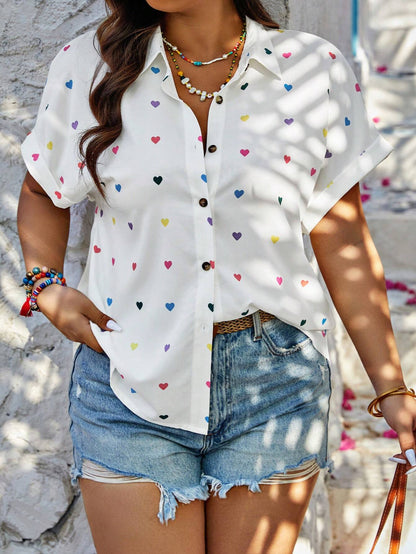 LUNE Plus Size Summer Casual Random Heart Print Button-Front Shirt,Valentine