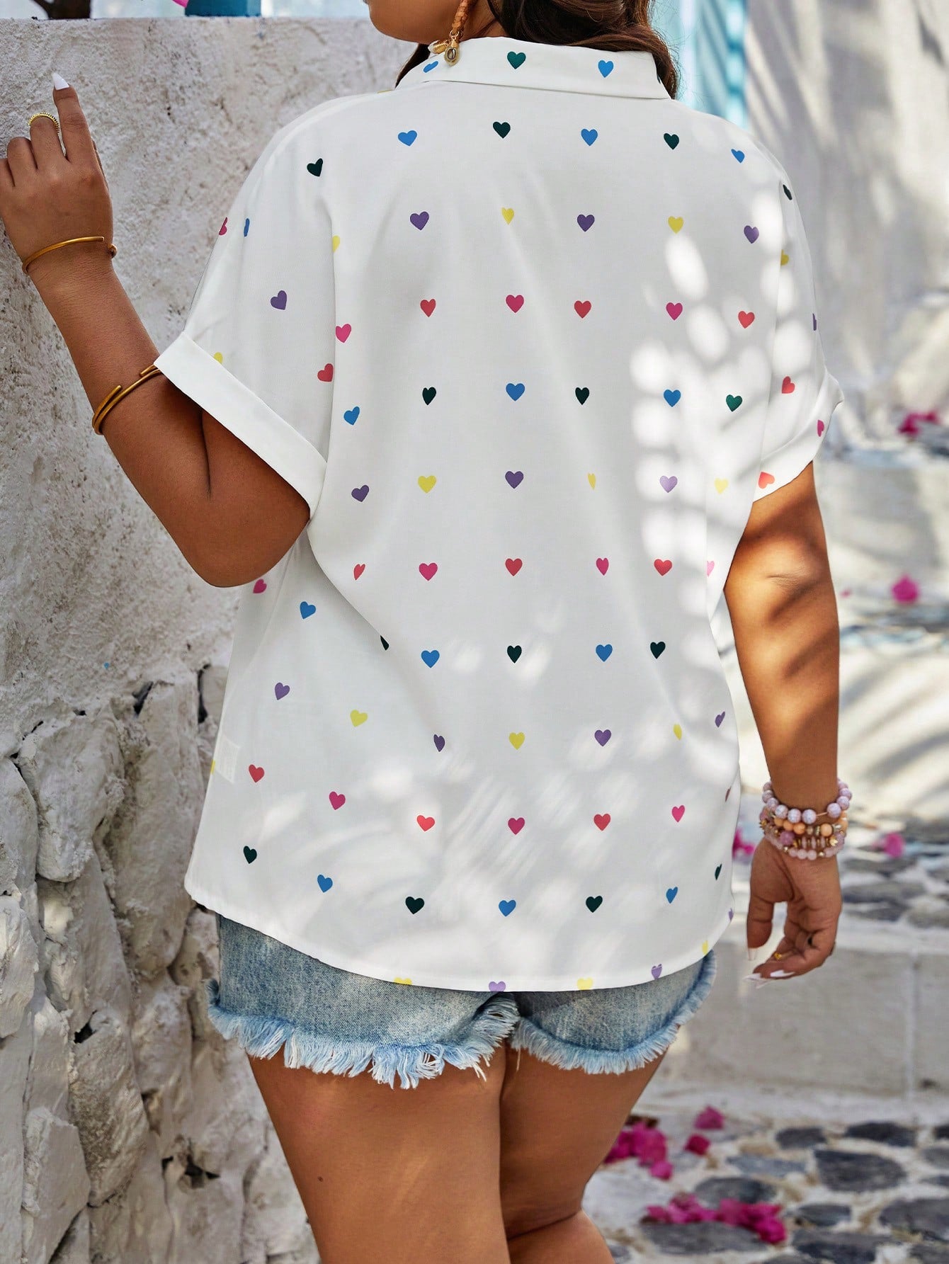 LUNE Plus Size Summer Casual Random Heart Print Button-Front Shirt,Valentine