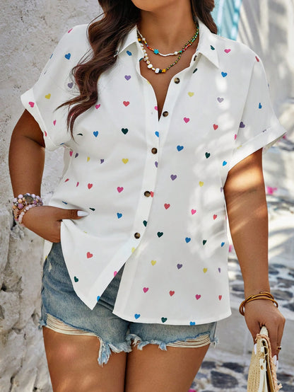 LUNE Plus Size Summer Casual Random Heart Print Button-Front Shirt,Valentine
