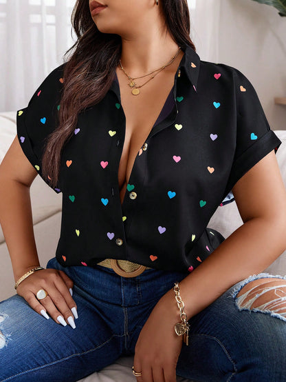 LUNE Plus Size Summer Casual Random Heart Print Button-Front Shirt,Valentine