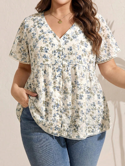 LUNE Plus Size Women's Single Breasted V-Neck Lace Patchwork White Shirt Vacation Summer Boho Holiday Vacation Vacation Vacation