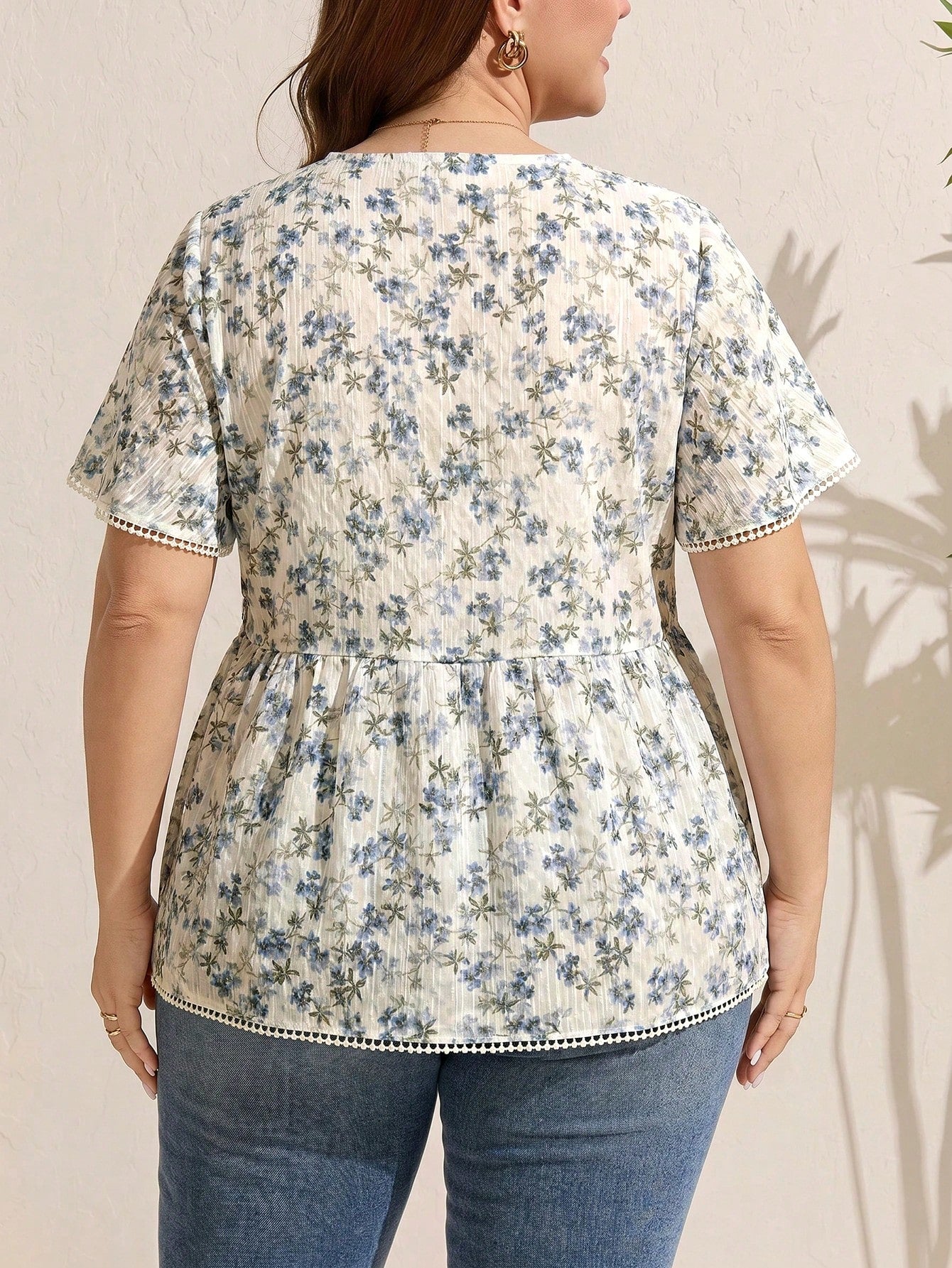 LUNE Plus Size Women's Single Breasted V-Neck Lace Patchwork White Shirt Vacation Summer Boho Holiday Vacation Vacation Vacation