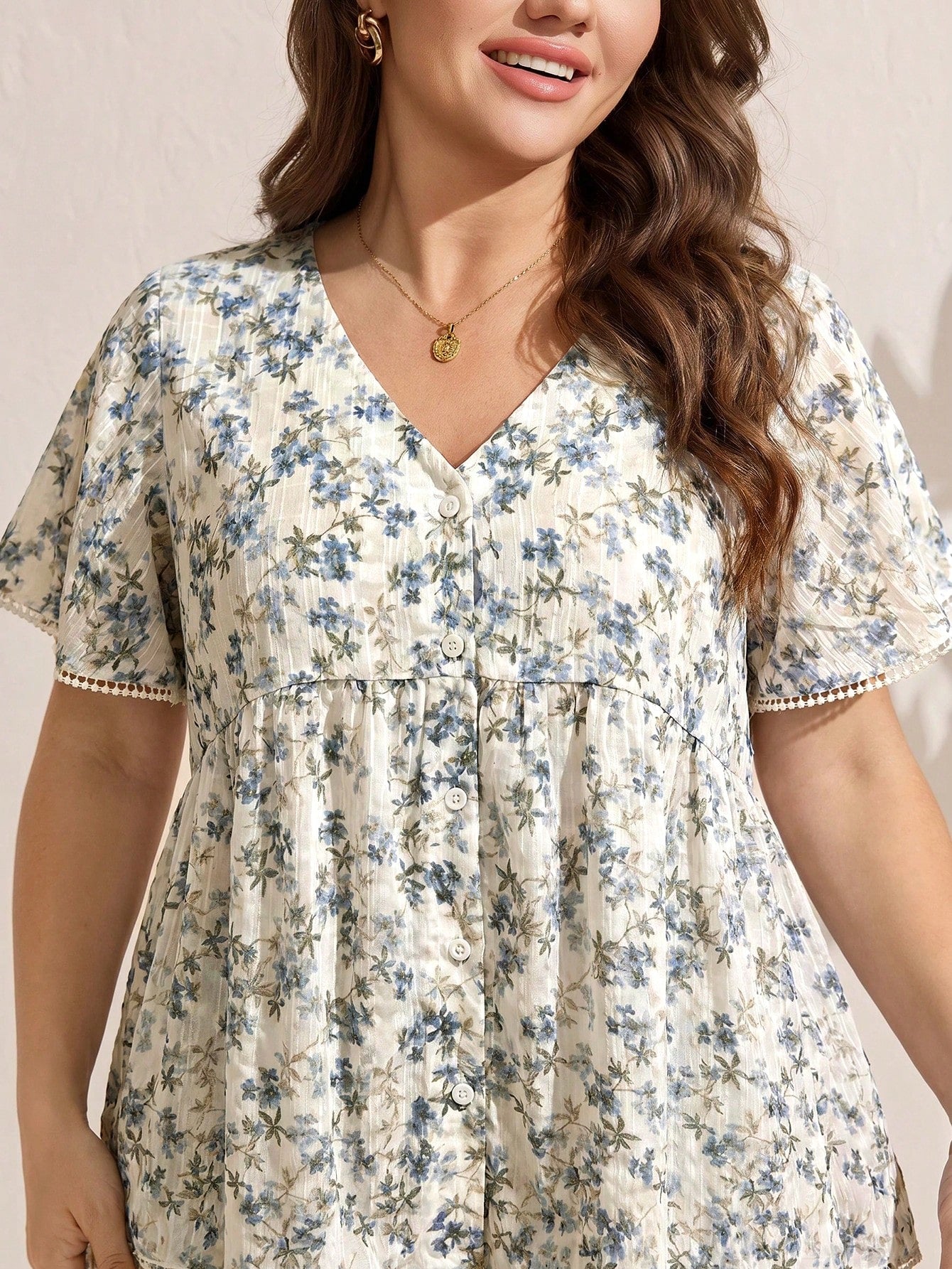 LUNE Plus Size Women's Single Breasted V-Neck Lace Patchwork White Shirt Vacation Summer Boho Holiday Vacation Vacation Vacation