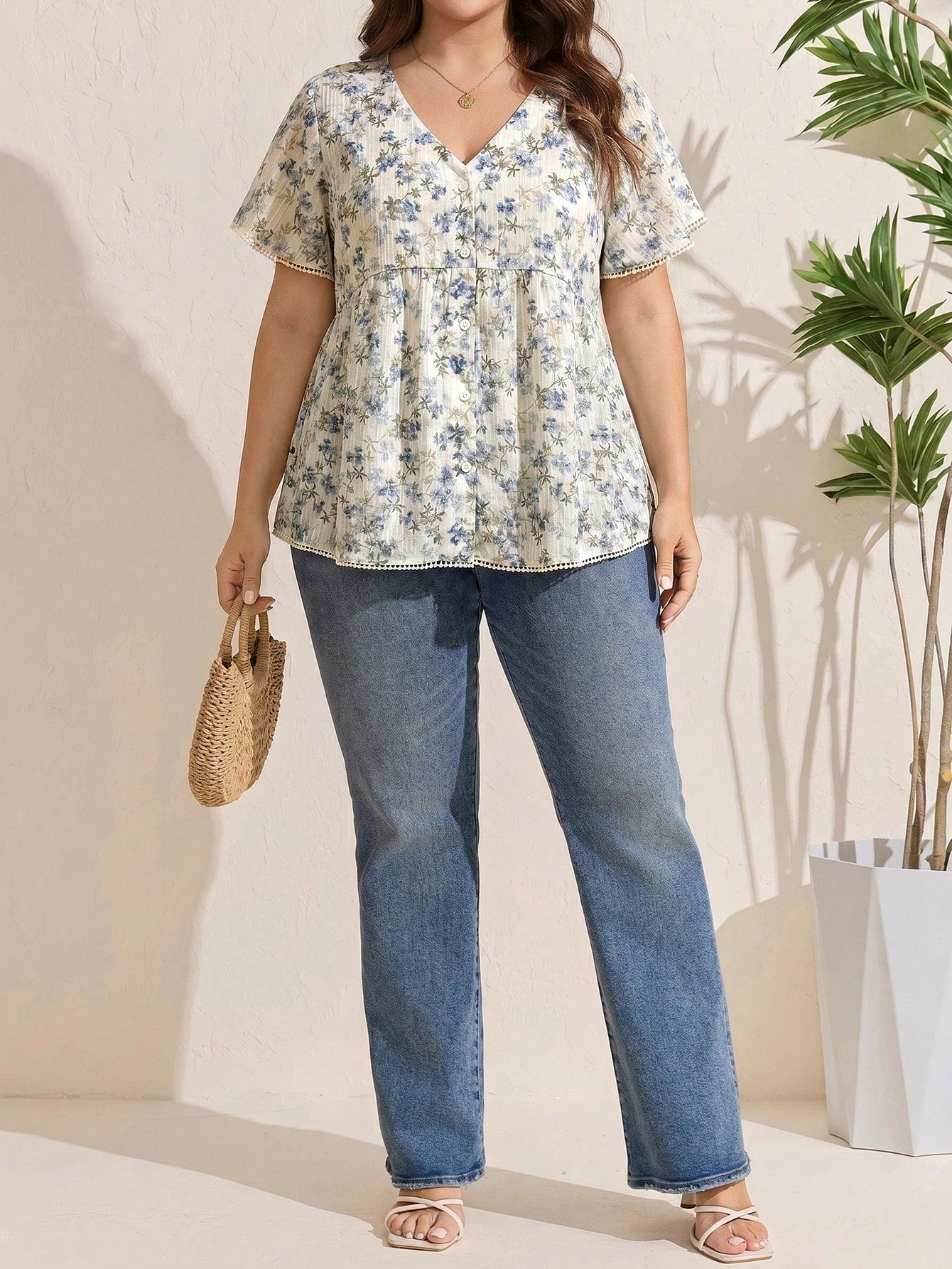 LUNE Plus Size Women's Single Breasted V-Neck Lace Patchwork White Shirt Vacation Summer Boho Holiday Vacation Vacation Vacation