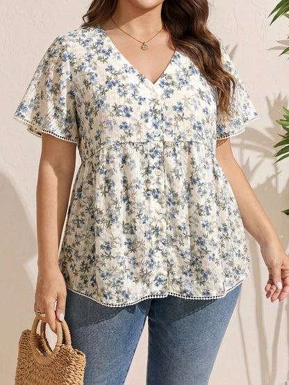 LUNE Plus Size Women's Single Breasted V-Neck Lace Patchwork White Shirt Vacation Summer Boho Holiday Vacation Vacation Vacation