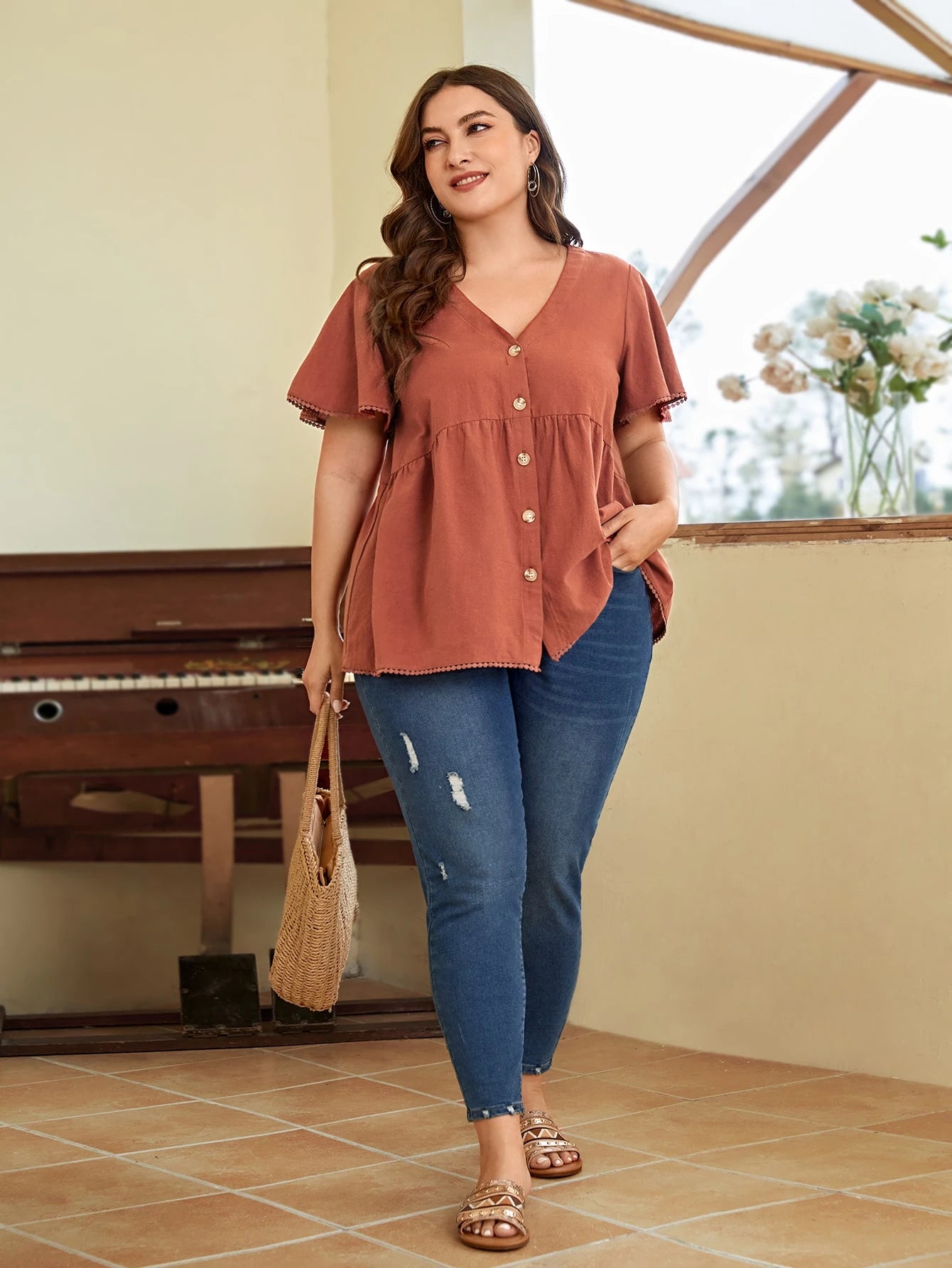 LUNE Plus Size Women's Single Breasted V-Neck Lace Patchwork White Shirt Vacation Summer Boho Holiday Vacation Vacation Vacation