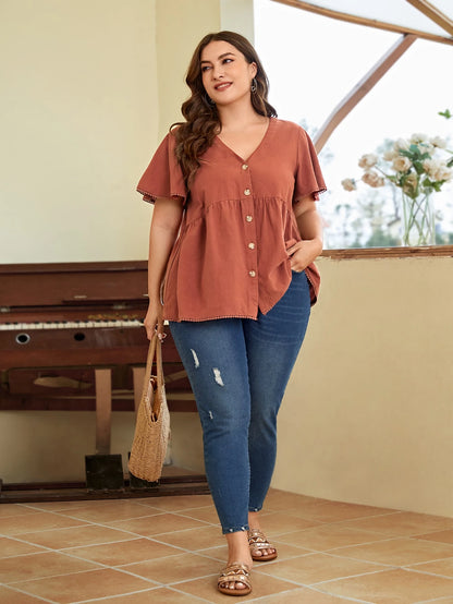 LUNE Plus Size Women's Single Breasted V-Neck Lace Patchwork White Shirt Vacation Summer Boho Holiday Vacation Vacation Vacation