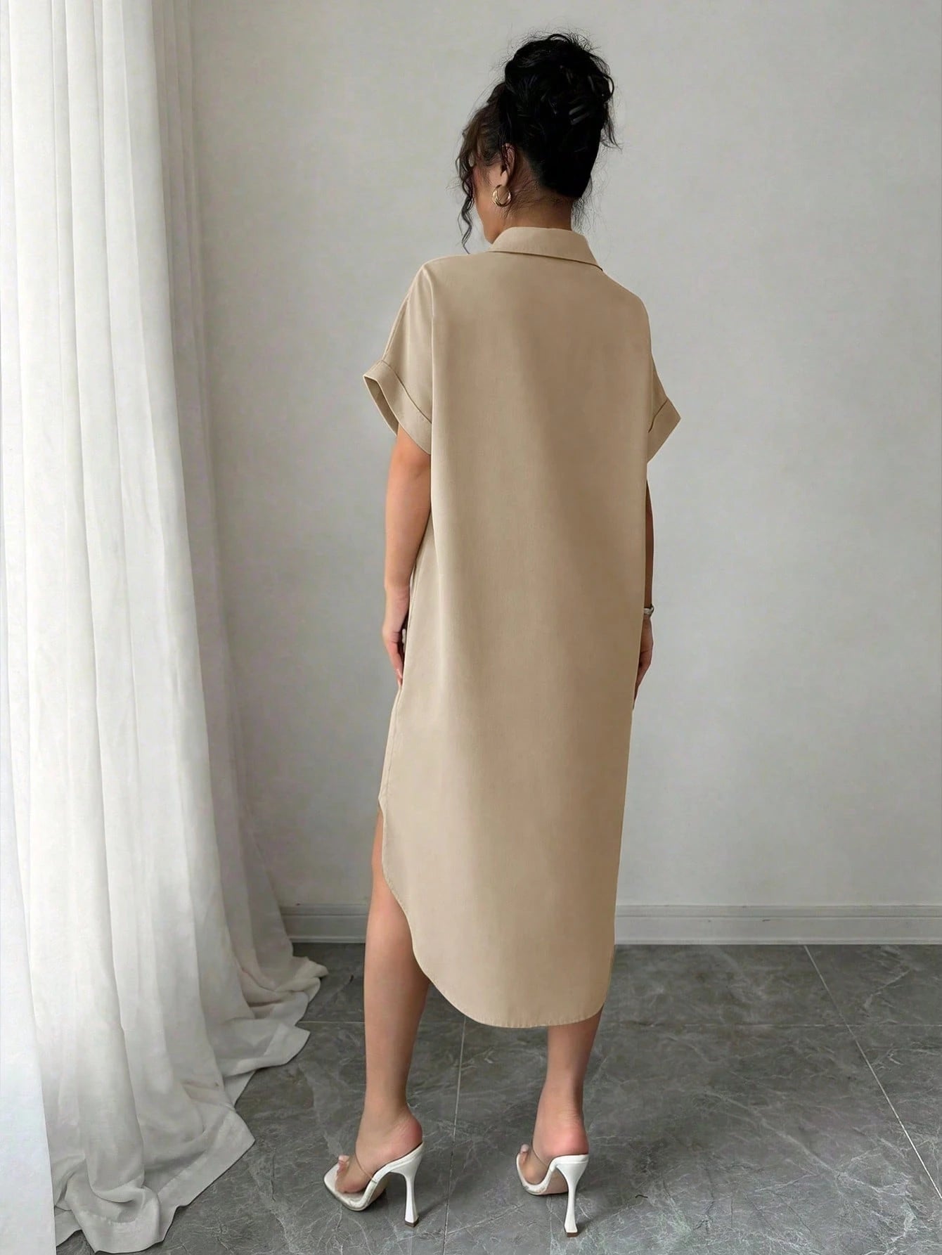 LUNE Women Khaki Casual Shirt Dress With Collar Batwing Short Sleeves And Asymmetrical Knee Length Hem