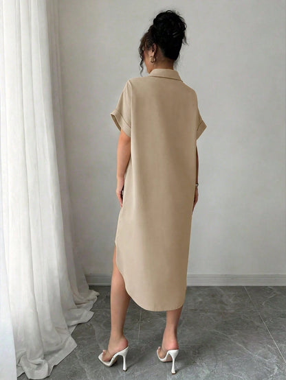 LUNE Women Khaki Casual Shirt Dress With Collar Batwing Short Sleeves And Asymmetrical Knee Length Hem