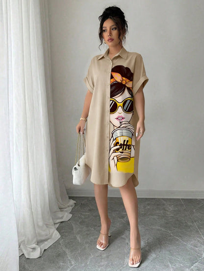 LUNE Women Khaki Casual Shirt Dress With Collar Batwing Short Sleeves And Asymmetrical Knee Length Hem